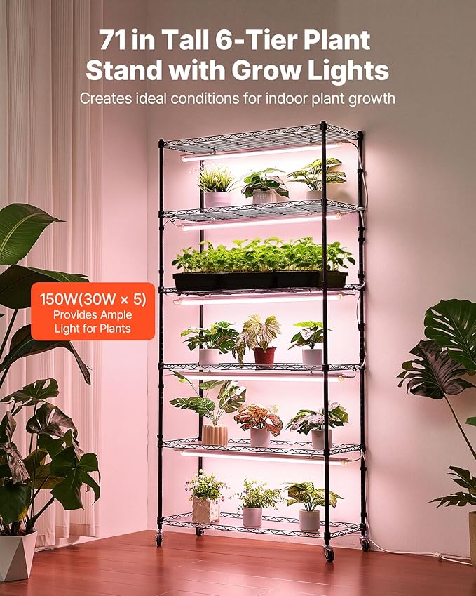 VEVOR Plant Shelf with Grow Light 6-Tier Indoor Plant Stand 71in Tall Indoor Plants Display Rack with Wheels &amp Timer 150W 3800K Full Spectrum Grow Lights Metal Flower Pot Holder for Seed Start
