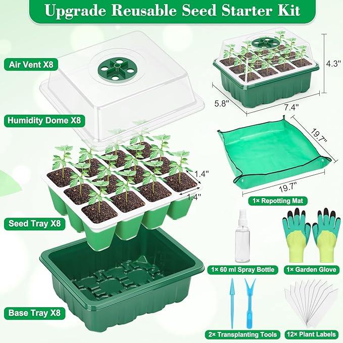 Reusable Silicone Seed Starter Tray 96 Cells Seed Starter Kit with Humidity Adjustable Dome and Lid 8 Packs Plant Germination Trays with Repotting Mat Germination Kit for Seeds Grow Starting