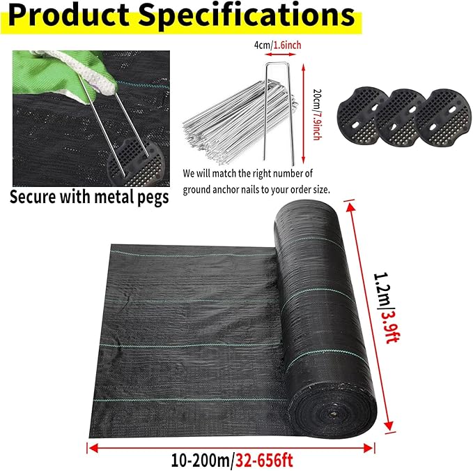 Weed Blocker Ground Cover Fabric Heavy Duty Woodland Weed Control Cloth Woven Fabric for Planting Landscaping Driveway (Color : WxL Size : 1.2x180m/3.9x590ft)