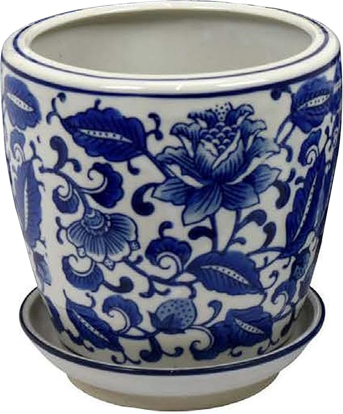 Planter with Saucer Set of 4 Vintage Blue Floral Print White Ceramic