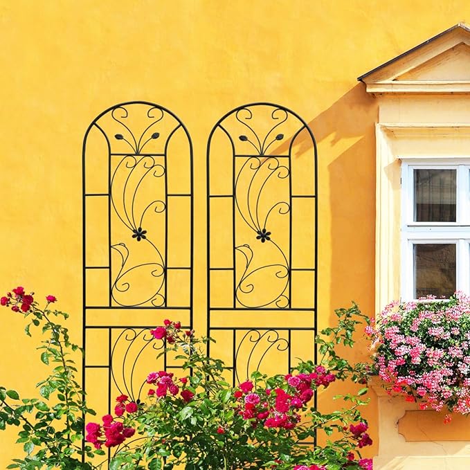 Metal Garden Trellis with Black Metal Coating Rustproof Trellis with Peacock Style Outdoor Lattice Panel for Climbing Plants Roses Tomatoes Vine Vegetables 86.7 x 19.7 (Black 2 Pack)