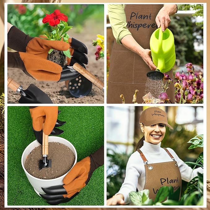 Tarpop Garden Tool Set Christmas Plant Whisperer Gardening Gifts for Women 7 Pcs Vegetable Planting Tool Kit Cap Canvas Apron Gloves Soil Scoop Transplant Trowel Cultivator Flower Tub(Brown)