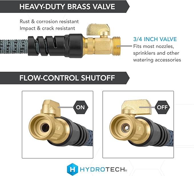 Hydrotech 60 ft Garden Hose – Patented Force Control Burst-Proof Lightweight Flexible No-Kink Design 5/8 4 Tire Hose Guides Ideal for Car Wash &amp Automotive Care