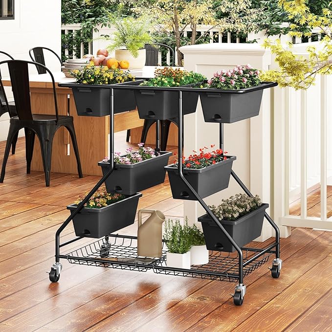 Giantex Rolling Raised Garden Bed w/ 7 Planter Boxes Storage Baskets Drainage Holes 4 Lockable Casters 3-Tier Freestanding Elevated Planter for Strawberry Vegetable Flower Herb