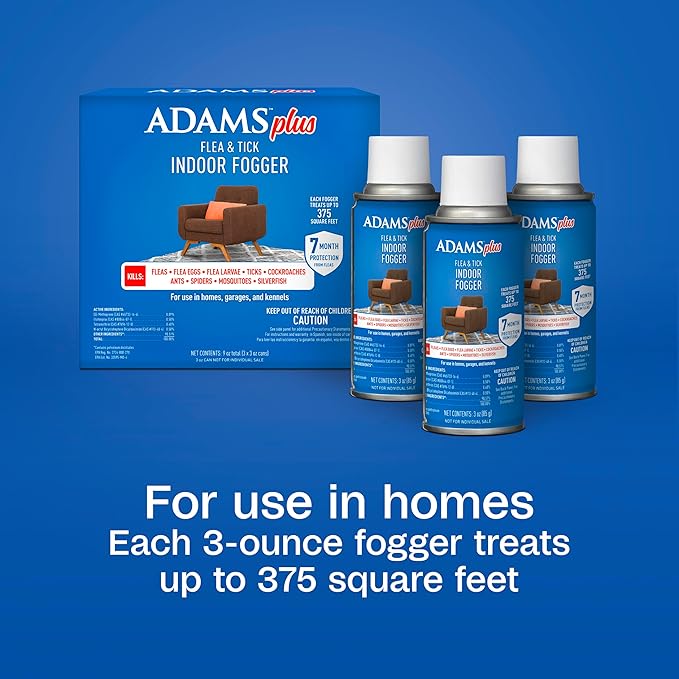 ADAMS Plus Flea &amp Tick Indoor Fogger 3 x 3 oz Cans Kills Fleas Flea Eggs Ants House Flies Cockroaches Mosquitoes and Many Other Pests Indoor House Treatment Each Fogger Treats 375 sq ft