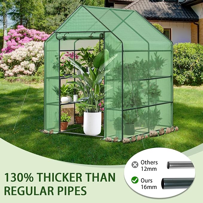 Greenhouse 56 x 56 x 76'' Heavy Duty Greenhouses for Outdoors Green House with Roll-Up Door Thicken PE Cover Portable Walk-in Green Houses for Outside with 3 Tier 8 Shelves