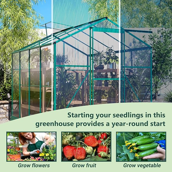 6x8 FT Walk-in Greenhouse Kit with Polycarbonate Panels &amp Aluminum Frame Green Houses for Outside with 2 Vents Greenhouses for Outdoors with Lockable Door Backyard Discovery Greenhouse (Green)