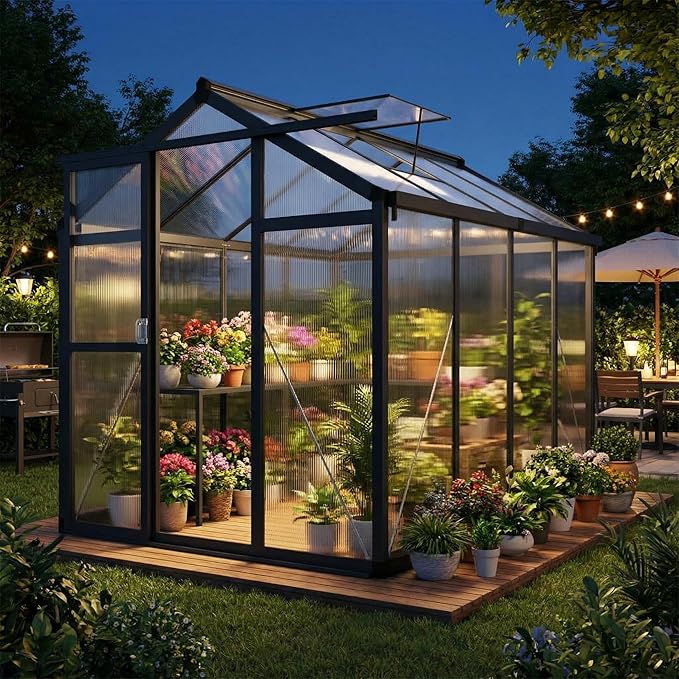 6x8 FT Greenhouse Polycarbonate Walk-in Greenhouse for Outdoors with Roof Vent &amp Lockable Smooth-Gliding Sliding Door Heavy-Duty Aluminum Green House for Garden Backyard Patio Lawn Dark Grey