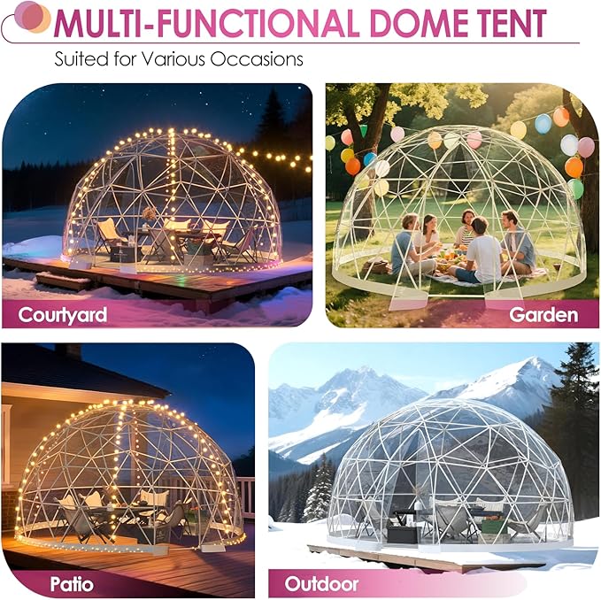 Upgraded 12FT Garden Dome Tent Outdoor Clear Bubble Tent for 6–10 People Geodesic Dome Greenhouse with Waterproof PVC Clear Cover LED Lights Window for Backyard Patio Camping Party