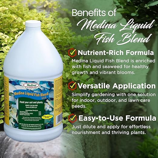 Medina Liquid Fish Blend Quart - 2-3-2 Fertilizer for GRO Bloom and Lush Gardens - Seaweed Enriched Plant Food for Vibrant Growth and Blooms - Available in 1 Gallon