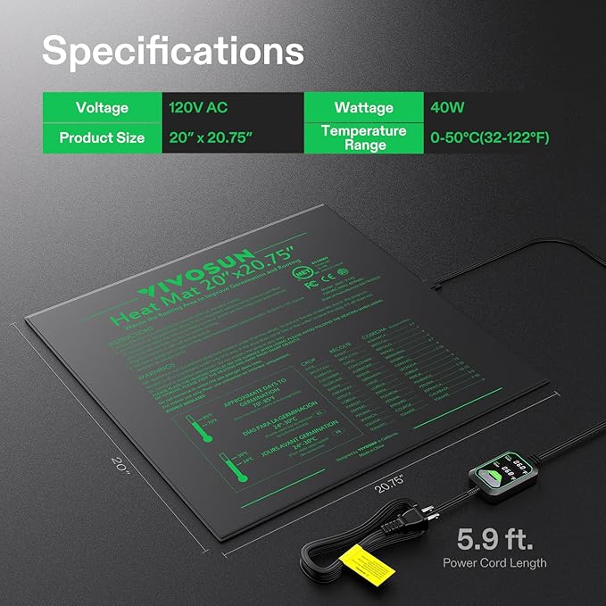 VIVOSUN 20x20.75 Seedling Heat Mat with Built-in Temperature Controller UL &amp MET-Certified Waterproof Plant Heating Pad for Germination Hydroponics Brewing Breeding and Greenhouses (Pack of