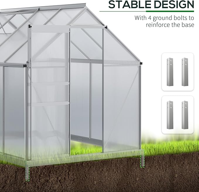 Outsunny 6' x 8' x 6.5' Polycarbonate Greenhouse with Adjustable Roof Vent Walk-in Heavy Duty Green House Kit with Aluminum Frame Sliding Door and Rain Gutter for Winter Silver