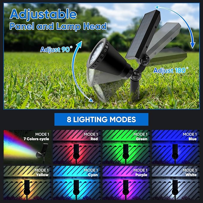 KEV Solar Spot Lights Outdoor18 LEDs Solar Flood Lights with 8 Modes &ampColored Adjustable &ampIPX65 WaterproofChristmas Solar Spotlight for Driveway/Backyard/Landscape/Tree/Garage(Multicolor4 P