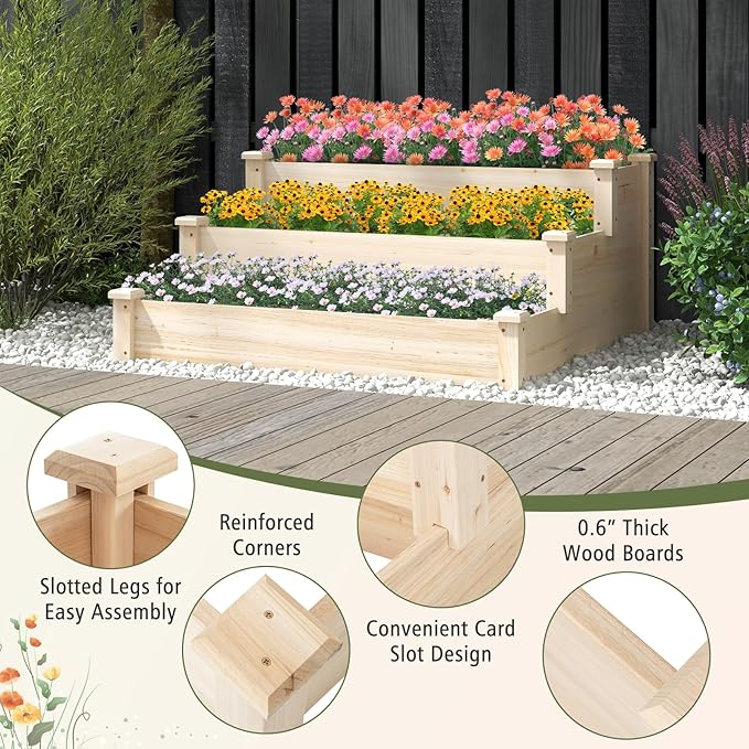 3-Tier Raised Garden Beds Outdoor Fir Wood Raised Garden Bed Planter Box Flower Bed Wooden Planter Kit for Gardening Vegetable &amp Herb