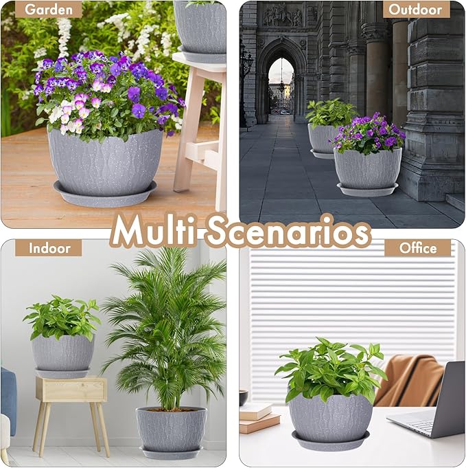 12 Inch Wide Water Ripples Flower Pots for Indoor or Outdoor Plants Large Plant Pots with Drainage Holes &amp Saucer Plastic Planters Set for Garden &amp Home Decor (Grey with White Speckles)