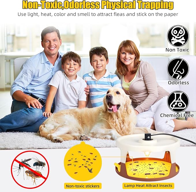 2025 Upgraded Flea Traps for Inside Your Home - 4 Pack Fleas Trap &amp 12 Sticky Pads &amp 12 Bulbs Electric Flea Light Trap for Indoor Kills Fleas Gnats Moths
