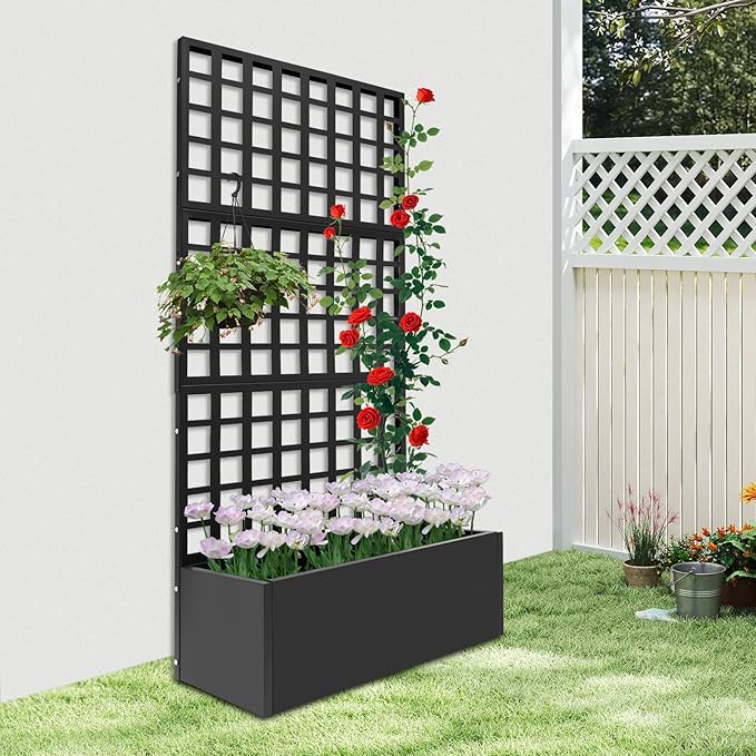 Metal Planter Box with Trellis Raised Garden Bed with Trellis 71x 35x 16 Multifunctional Privacy Screen Planter Box for Climbing Plants Vegetables Vines Indoor/Outdoor (Black)