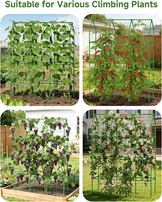 Cucumber Trellis for Climbing Plants Outdoor A-Shape Garden Trellis for Raised Bed Metal Plant Trellis with Garden Netting for Flower Vegetables Pea Grape (51 * 17.7 * 65inch(L*W*H))