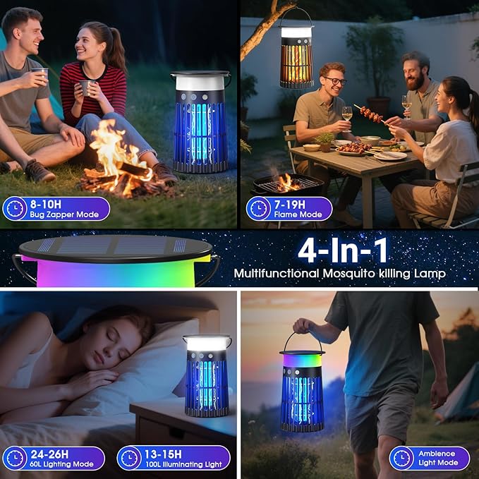 2 Pack Solar Bug Zapper Outdoor Portable Electric Mosquito Killer Waterproof Rechargeable Insect Trap with LED Night Light and Flame Effect Ideal for Outside Patio Backyard and Camping