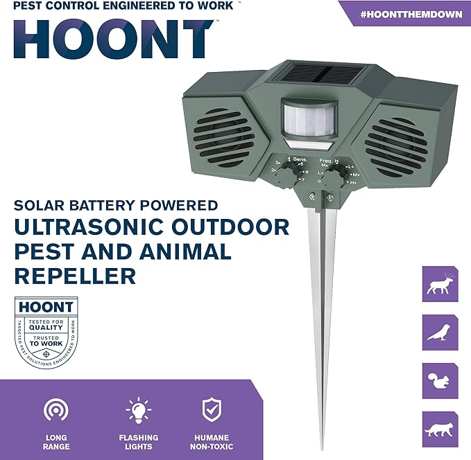 Hoont Solar Powered Motion Activated Ultrasonic with Flashing Strobe Light Outdoor Animal Deer and Pest Repeller