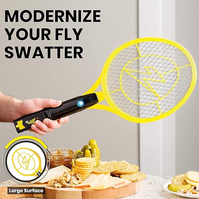 ZAP IT! Rechargeable Electric Fly Swatter Racket - 4000-Volt Mosquito Zapper with USB Charging and LED Light - Large - Safe 3-Layer Mesh Bug Zapper Racquet for Indoors and Outdoors - Yellow