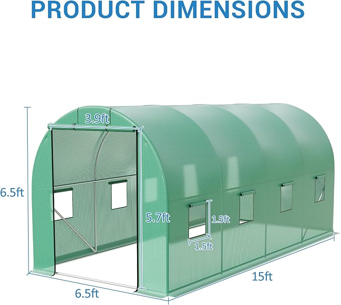 Greenhouses for Outdoors 15’x7’x7’ Walk-In Tunnel Greenhouse with 8 Ventilated Mesh Windows &amp Roll-Up Door &amp Reinforced Frame for Outdoor Gardening Enhanced Galvanized Steel Frame &amp Dura