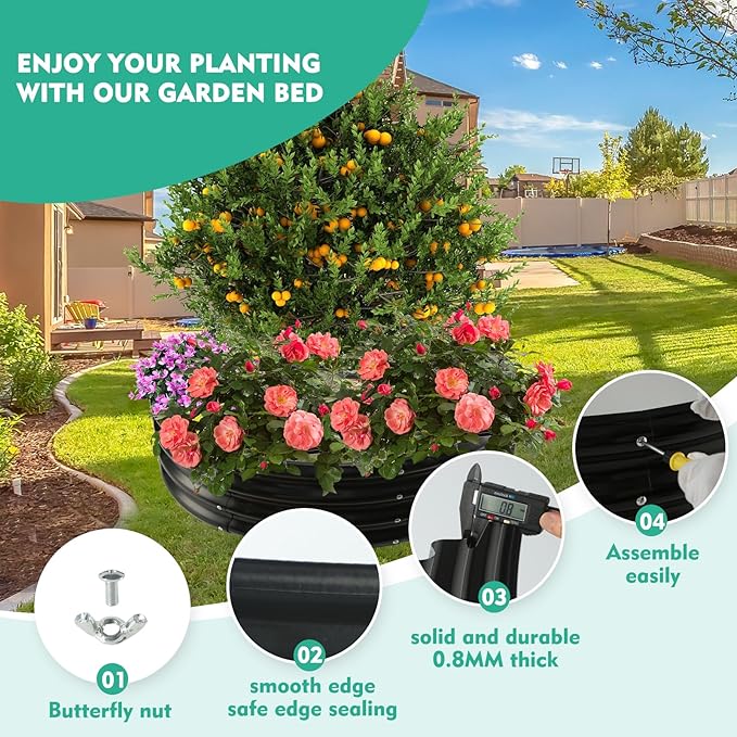 4FT Diameter Galvanized Garden Raised Bed/Plant Box/Fire Pit Ring - 0.8mm Thick12 Inch TallPerfect for Planting a Variety of FlowersHerbsVegetables (Black 48 Dia X 11.5 inches)