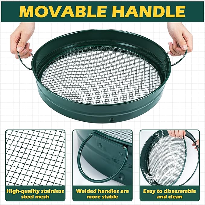 14.57'' Large Soil Sifter for Gardening with 1 3 6 9 12 mm Sieve Mesh Compost Dirt Sifter with Handle Garden Sand Soil Rock Sieve for Dirt Sand Rocks Pellet Gravel(Green)