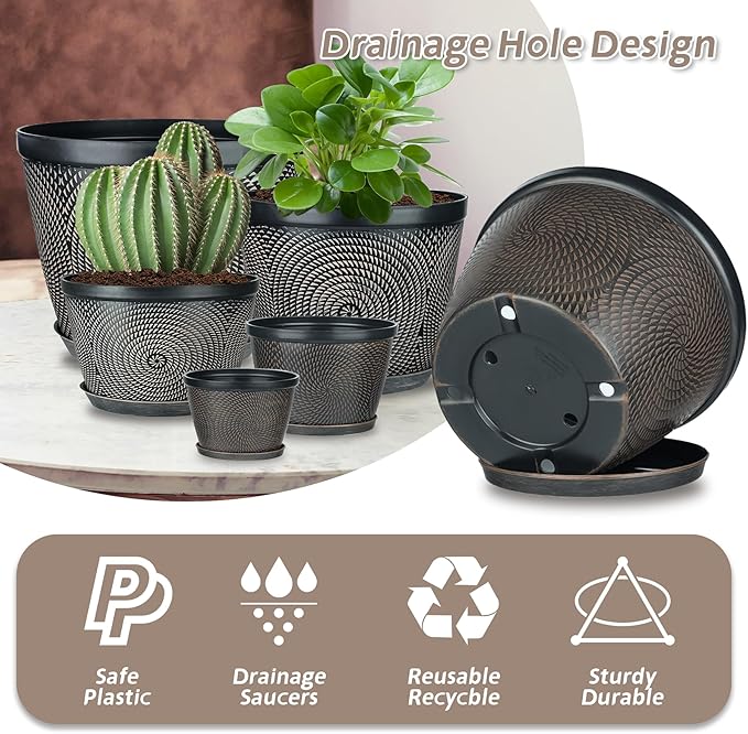 Quarut 4 Pack 8 Inch Flower Pots for Outdoor Indoor Plastic Plant Pots with Drainage Hole &amp Saucer Lightweight Small Flower Pot Circle Pattern Planters for Garden House planters（Brown）