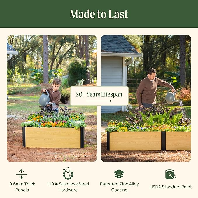 Vego garden Woodgrain Series Raised Garden Bed 16 Tall Wooden-Look 8' x 8' U-Shaped Metal Planter Box Outdoor for Vegetables Flowers Herbs