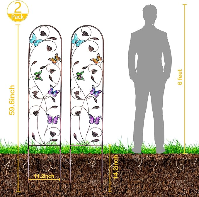 aboxoo Set of 2 Packs Butterfly Metal Garden Trellis for Climbing PlantsOutdoor Decorative Flowers Arch Fence Trellis for Outdoor PatioGardenLawnYardBackyardWall Brackets60'' H x 11'' W