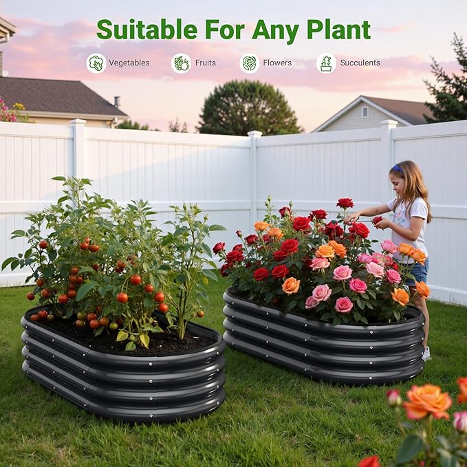 4X2X1 FT Oval Raised Garden Bed Metal Planter Box for Outdoor Gardening Easy Assembly Raised Bed for Vegetables Fruits Flowers(Dark Gray 2PCS)