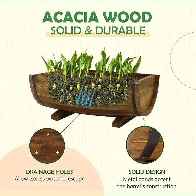 IDZO Solid Acacia Wood Half Barrel Planters Outdoor Set of 2 Different Sizes Wooden Planters for Outdoor Plants with Metal Bands &amp Drainage Holes Legs Included Brown