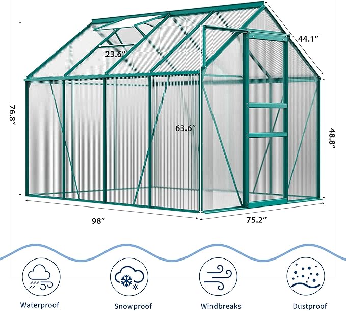 CABIHOME 6 x 6 FT Greenhouses for Outside Polycarbonate Greenhouse with Aluminum Frame Sliding Door Adjustable Roof Vent Backyard Green Houses Patio Garden Black (Green 6x8 FT)