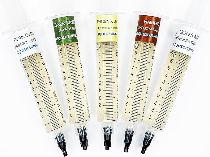 Liquid Culture Syringe 5 Pack - Beginner Mushroom Mycology Starter Pack - Grow on agar grain straw or standard master mix hardwood blocks