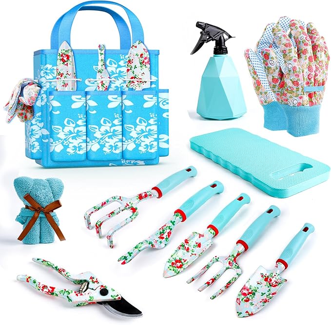 JUMPHIGH Womens Gardening Gifts Set - Floral Gardening Tools with Tote Bag - Gifts for Mom Girlfriend or Women - Birthday Christmas (Blue)
