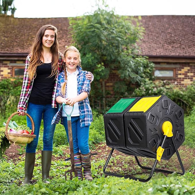 Compost Bin Tumbling Composter Rotating w/ 2 Sliding Doors Compost Bin Dual Chamber All Season Heavy Duty Outdoor Gardening Composting Tumblers Garden Yard (37 Gallon Black)