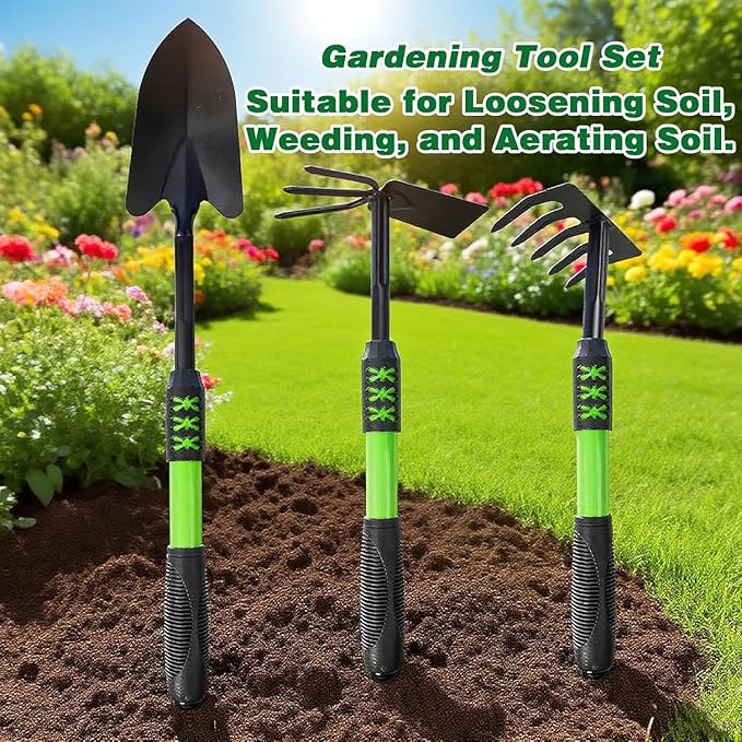 Garden Tool Set 3 Pack Stainless Steel Heavy Duty Hand Cultivator Hoes Shovel for Planting Weeding Digging Green