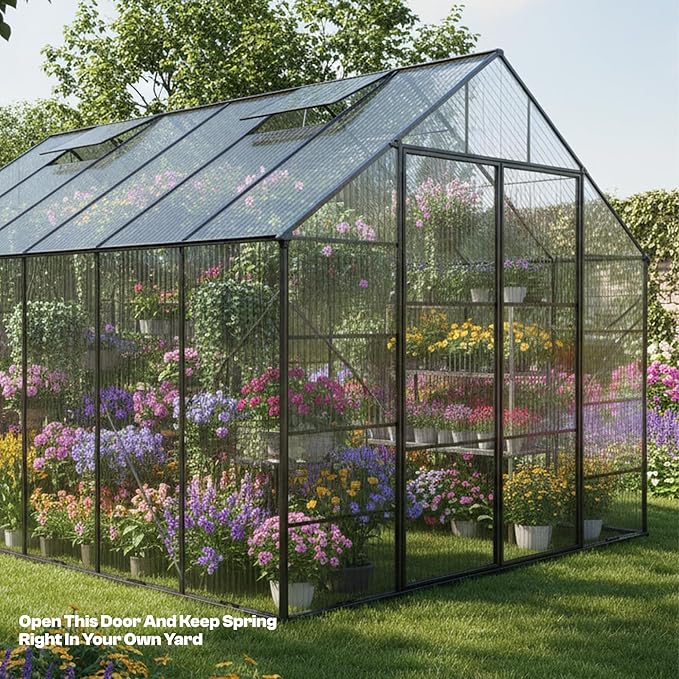 Kingdura 10x10ft Walk-in Greenhouse for Outdoors Large Polycarbonate Greenhouses with Heavy Duty Aluminum Frame Adjustable Roof Vent Lockable Door UV Protection for Outside Garden Backyard