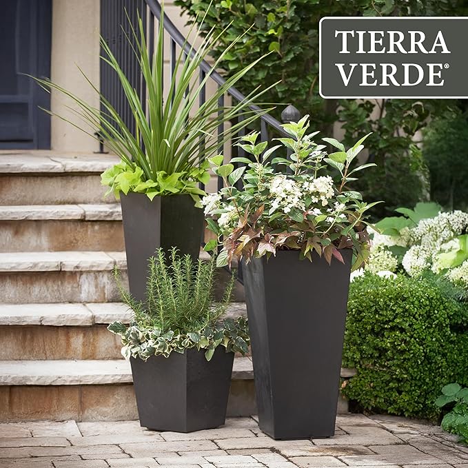 Tierra Verde 2-Pack Indoor &amp Outdoor Self-Watering Square Planters Small Sonata Black - Planter Containers for Plants and Flowers - Gardening and Landscaping Accessories