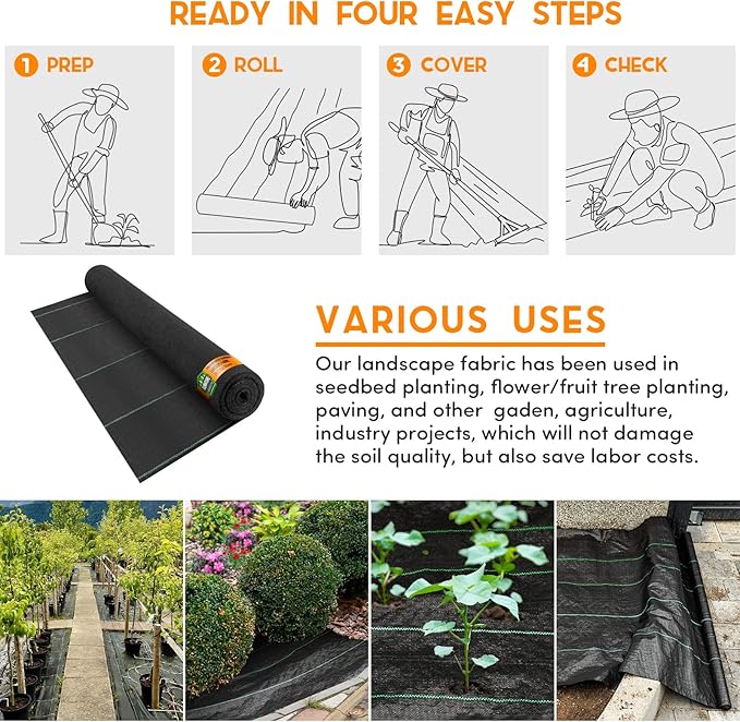 6FT x 100FT Weed Barrier Landscape Fabric Heavy Duty 3.2oz Premium Garden Ground Cover Mat for Weed Control Gardening Plant Beds and Farming