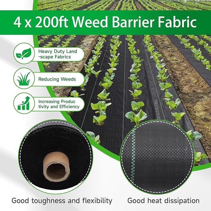 Weed Barrier Fabric Planting Cover - 4 x 200 FT Heavy Duty Landscape Fabric Ground Cover Block for Outdoor Planting