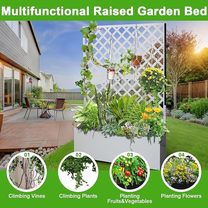 GarveeLife Metal Planter Box with Trellis 73x47x12 Raised Garden Bed with Privacy Screen Galvanized Steel Planter Box with Drainage Holes for Outdoor Climbing Plants White