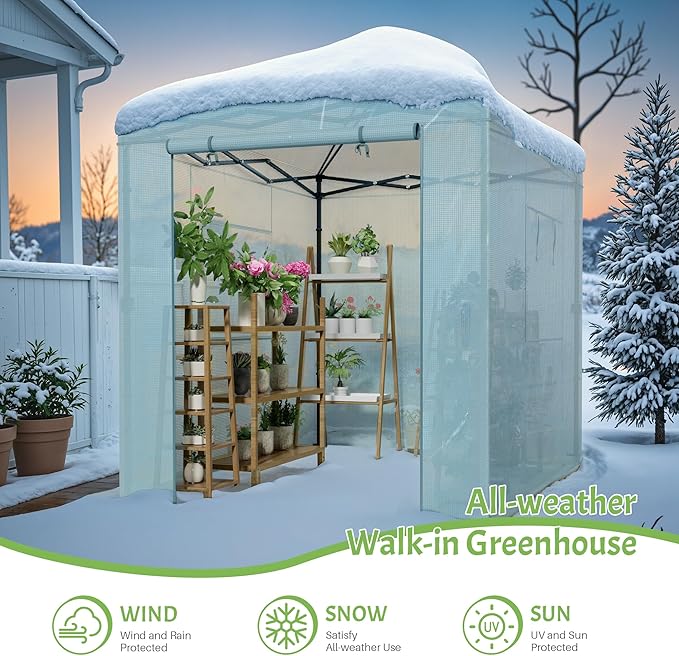 Greesum 8x6 FT Portable Pop-up Greenhouse with Center Lock PE Cover Zippered Door and 2 Roll-up Windows Easy Assemble(Green)