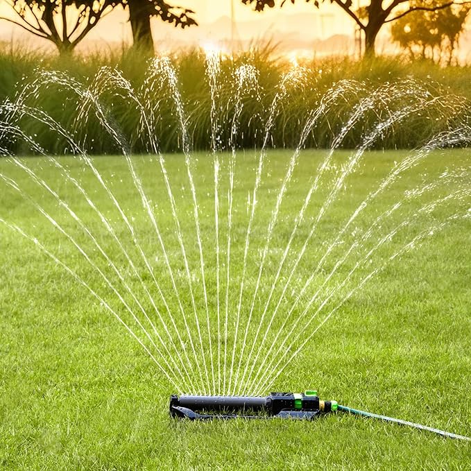 [2 Pack] RESTMO Heavy Duty Oscillating Sprinkler with Metal Base – Adjustable Flow Control Lawn Watering System Covers Up to 3600 Sq. Ft. for Garden Yard