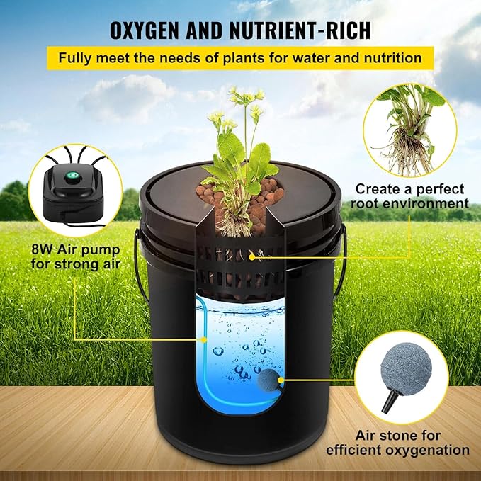 GROZY DWC Hydroponics Grow System Black Bucket Kit with Air Pump 5 Buckets 5 Gallon Each 15x12x12 Inches Indoor Growing