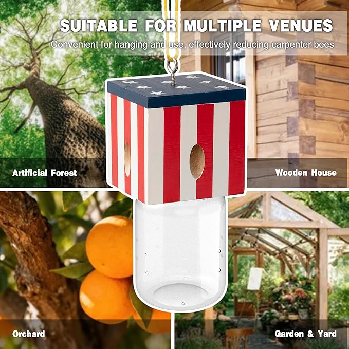 2 PCS Wood Carpenter Bee Trap for Outside - Best Bee Trap - Cube Flag Style Nature Hanging Carpenter Bee Traps Plastic Jar Outdoor - Insect Traps