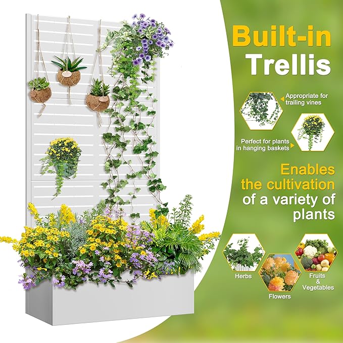 FENCY Metal Raised Garden Bed with Trellis Metal Planter Box with Trellis Garden Box for Climbing Plants Vegetable 35 Lx16 Wx71 H Garden Bed with Drainage Holes(White-Louvered)