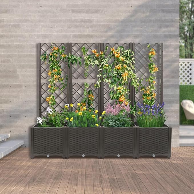 4 PCS Plastic Planter Box with Trellis Planter Box Raised Garden Bed with Trellis Planters for Climbing Plants Flowers Vegetables Fruits 62.99 × 15.75 × 55.91in (Dark Brown)