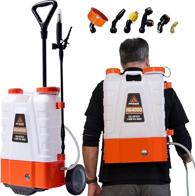 PetraTools Battery Powered Backpack Sprayer 4 Gallon - 6 Hours Long Battery Life &amp Padded Straps for Comfort - HD4000 Electric Backpack Garden Sprayer with 6 Spray Nozzles (HD4000 with Cart)